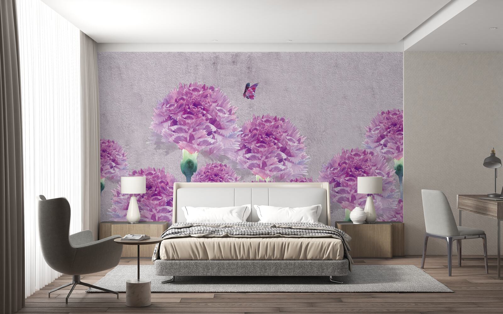 Papier peint grands œillets lilas et papillon