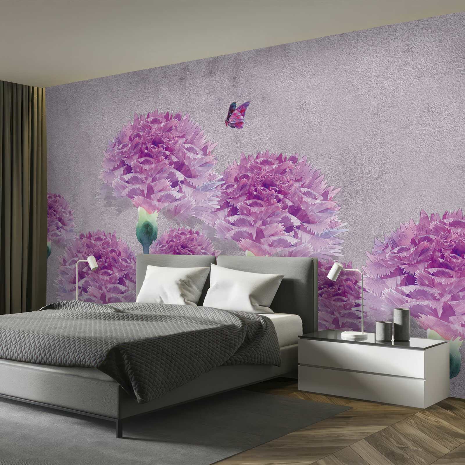 Papier peint grands œillets lilas et papillon