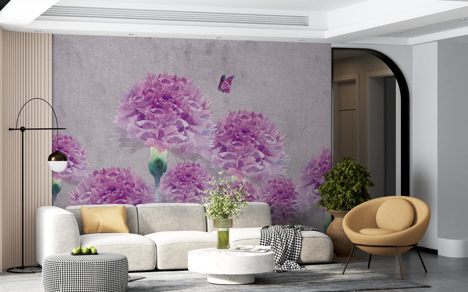 Papier peint grands œillets lilas et papillon