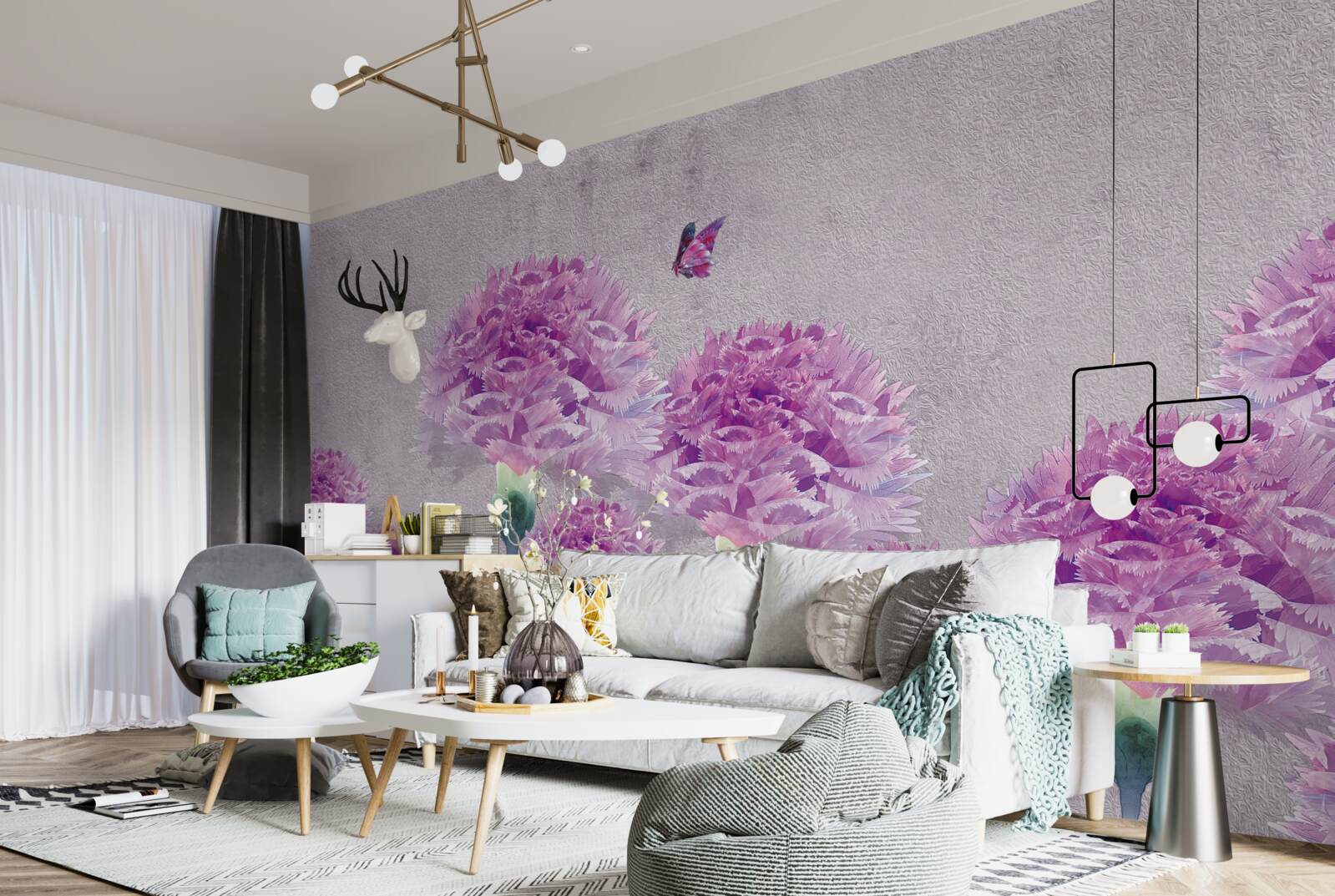 Papier peint grands œillets lilas et papillon