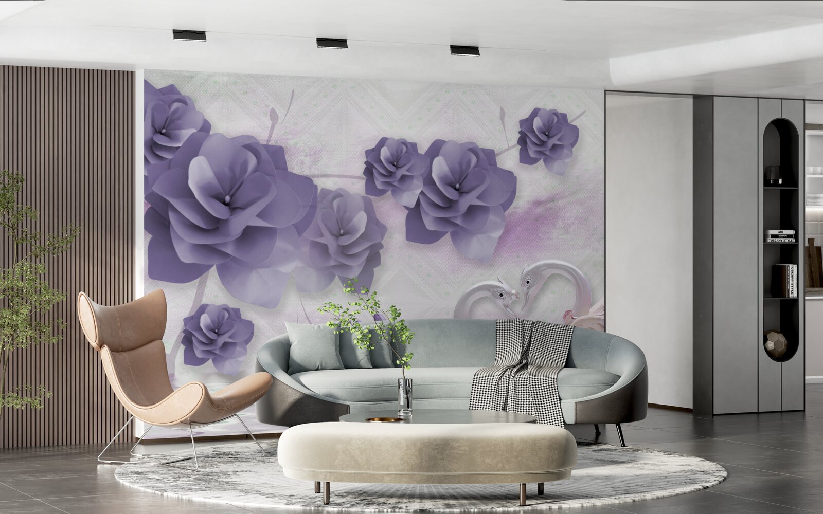 Papier peint bourgeons délicats et cygnes légers à la surface de l'eau