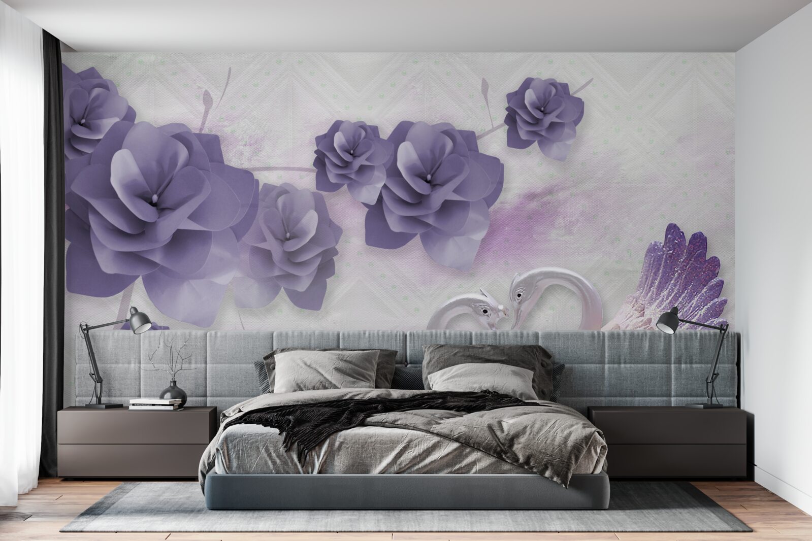 Papier peint bourgeons délicats et cygnes légers à la surface de l'eau