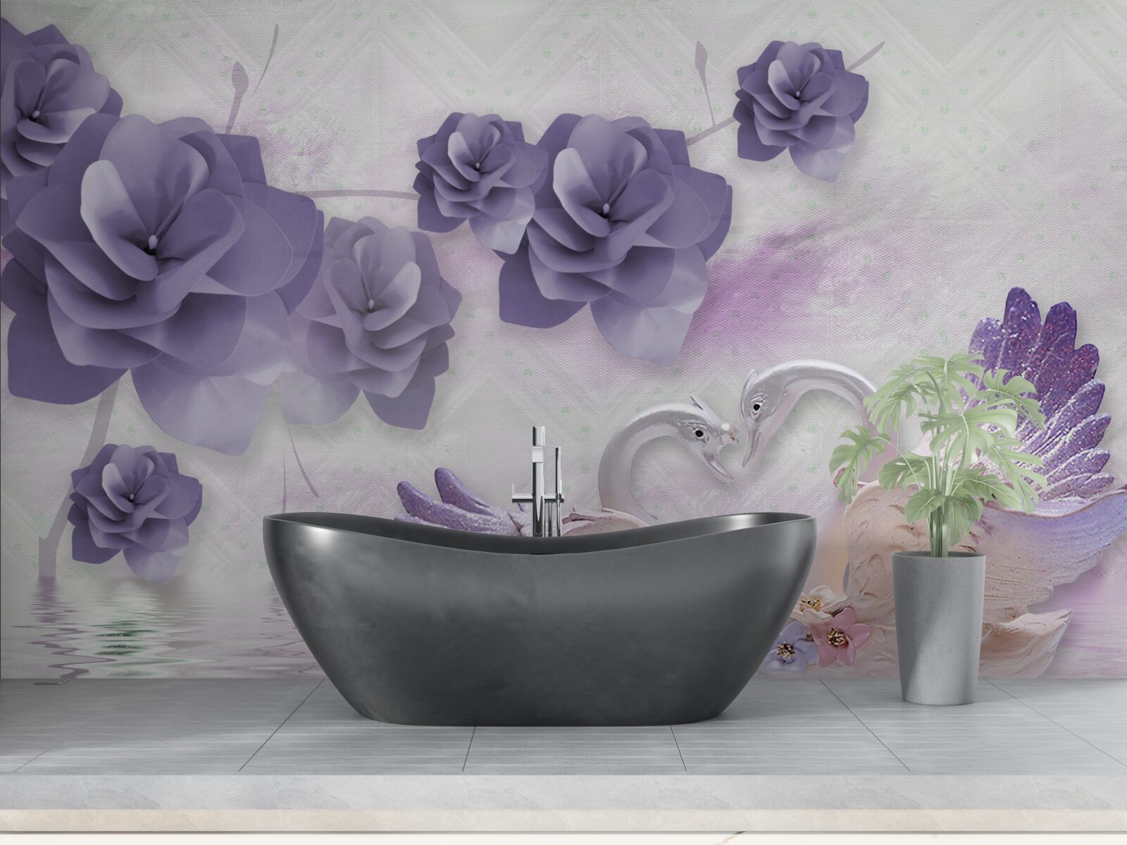 Papier peint bourgeons délicats et cygnes légers à la surface de l'eau