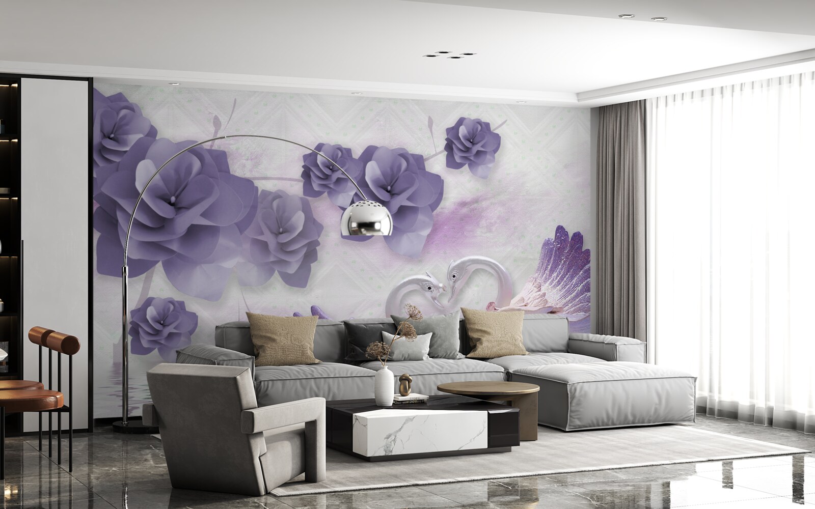 Papier peint bourgeons délicats et cygnes légers à la surface de l'eau