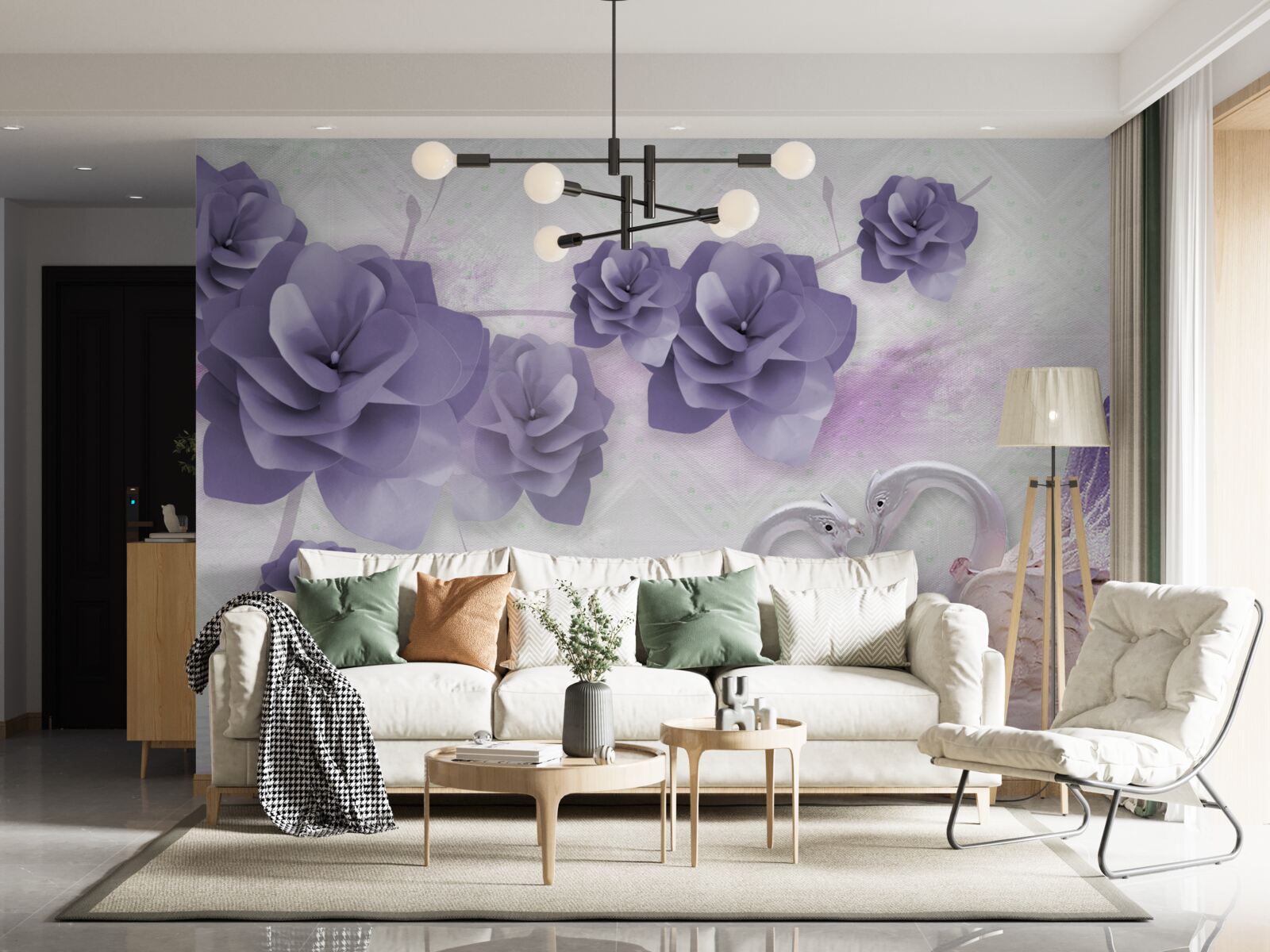 Papier peint bourgeons délicats et cygnes légers à la surface de l'eau