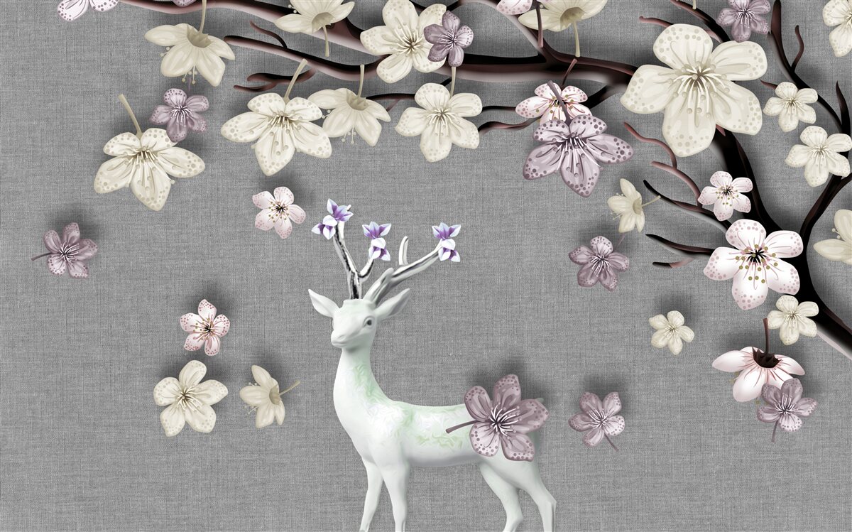 Papier peint des branches de magnolias en fleurs et un cerf blanc