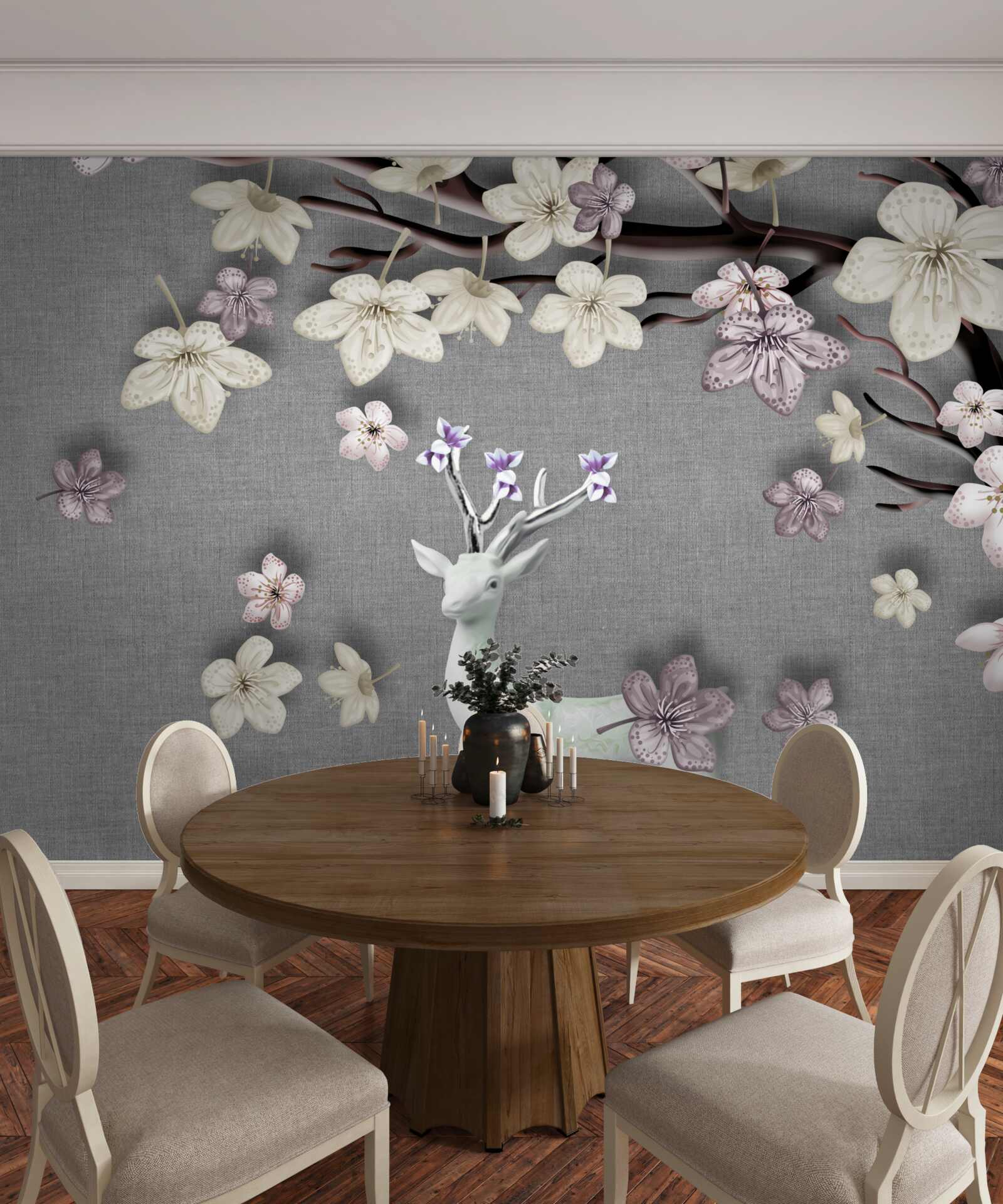 Papier peint des branches de magnolias en fleurs et un cerf blanc