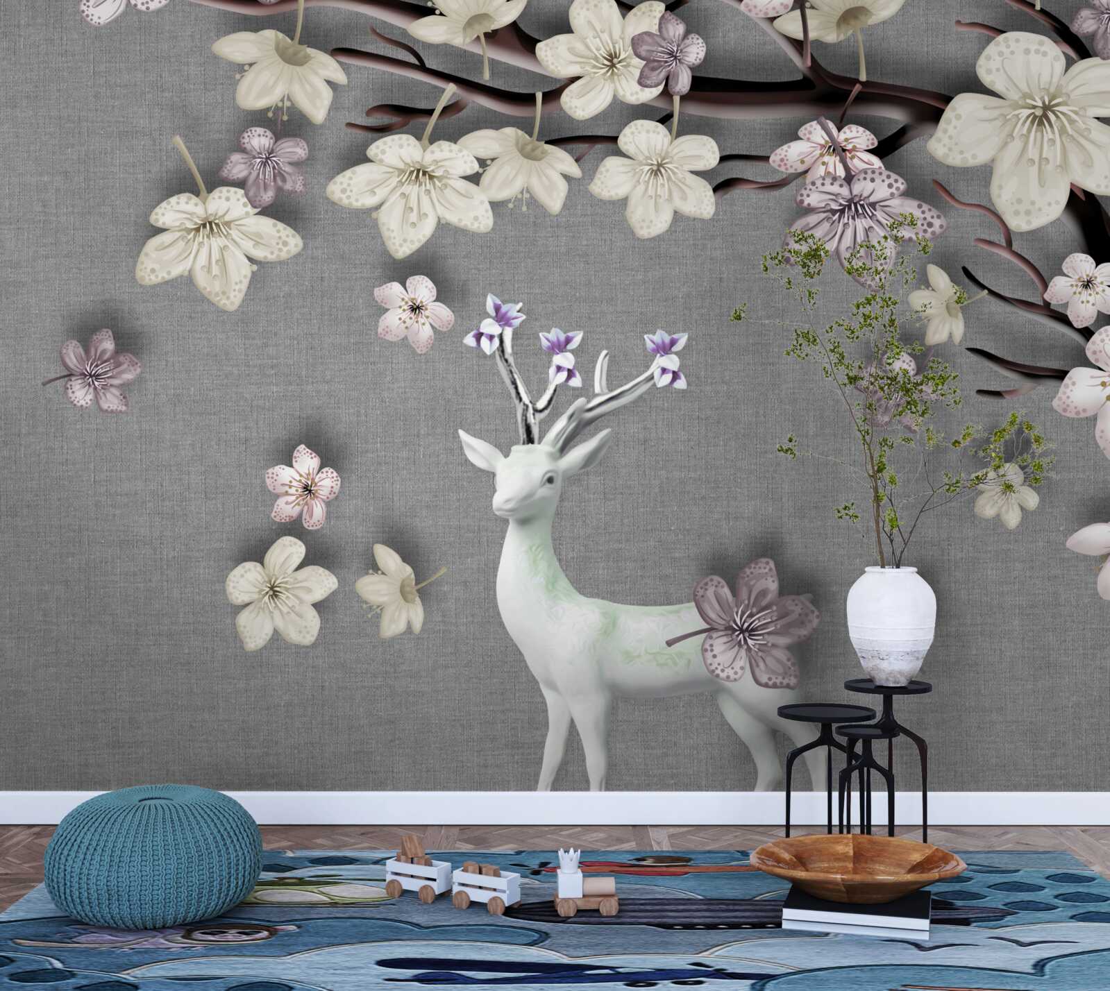 Papier peint des branches de magnolias en fleurs et un cerf blanc