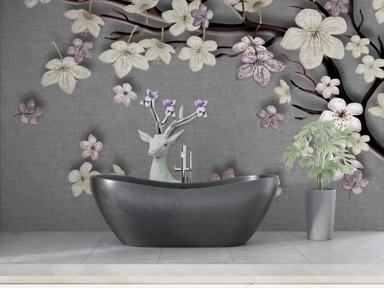 Papier peint des branches de magnolias en fleurs et un cerf blanc