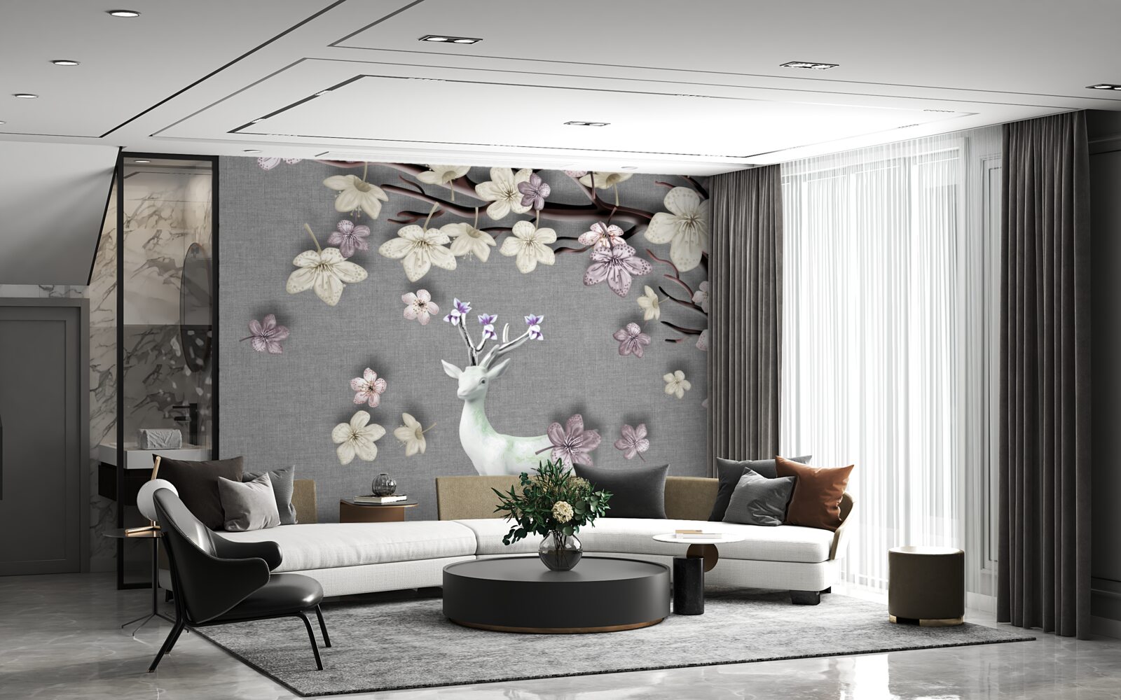 Papier peint des branches de magnolias en fleurs et un cerf blanc