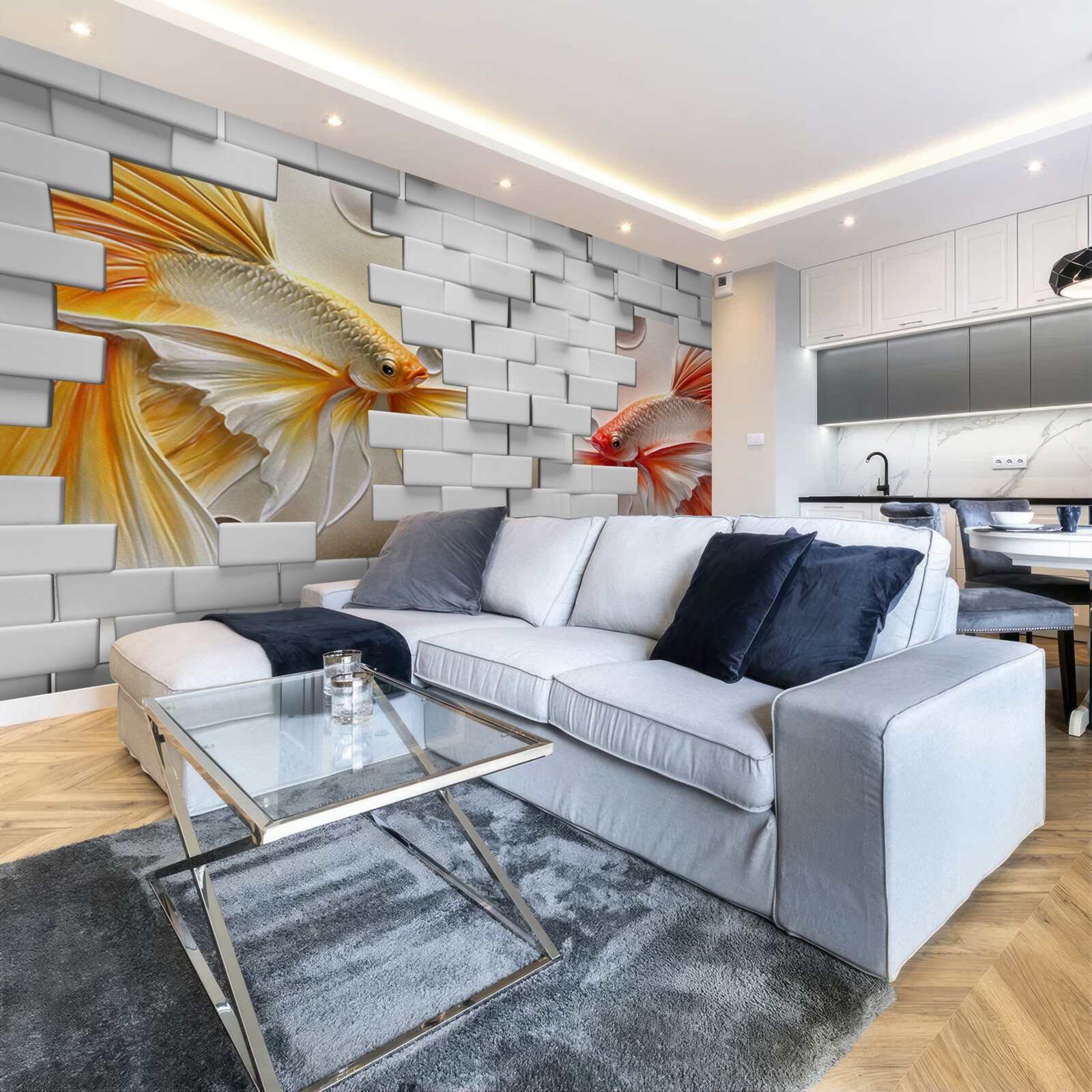 Papier peint des figures rouge et orange détruisent une brique