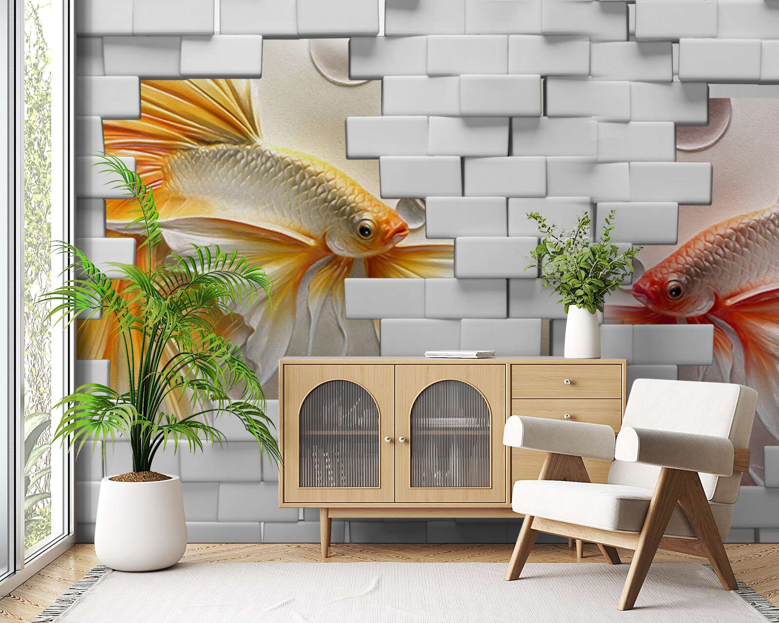 Papier peint des figures rouge et orange détruisent une brique