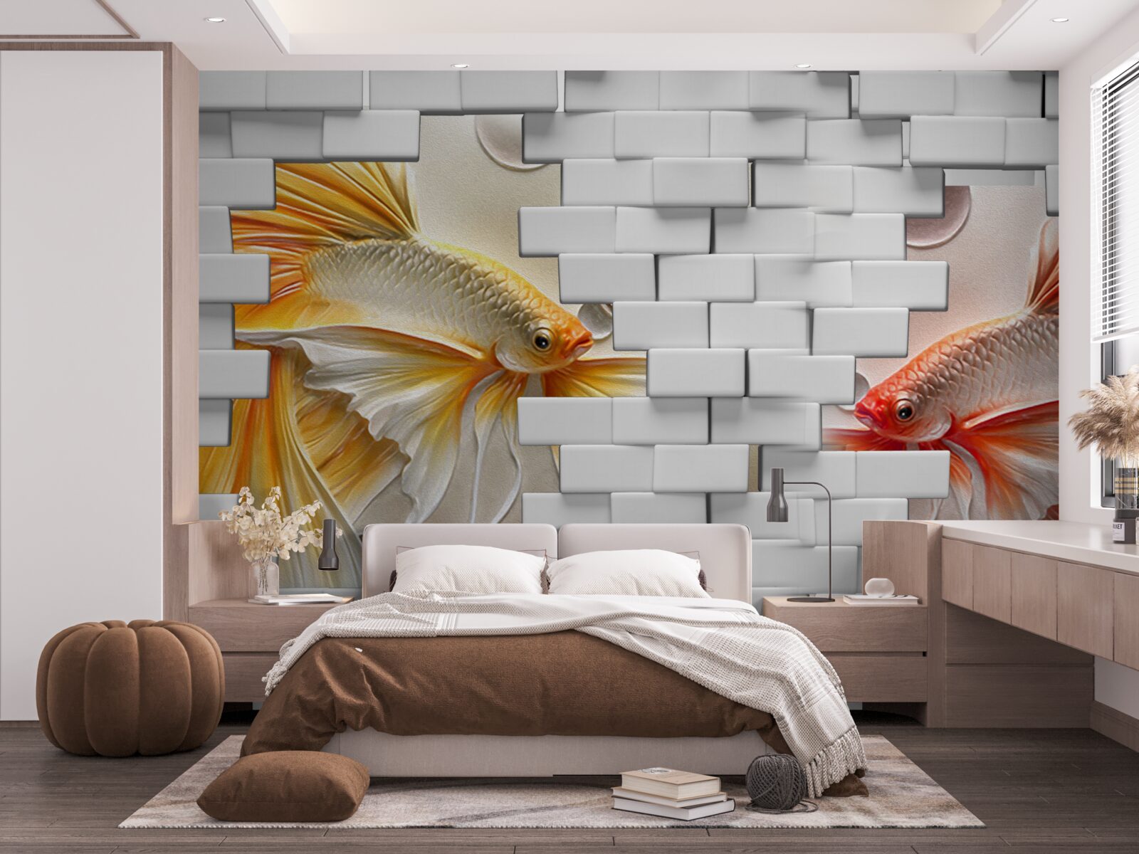 Papier peint des figures rouge et orange détruisent une brique