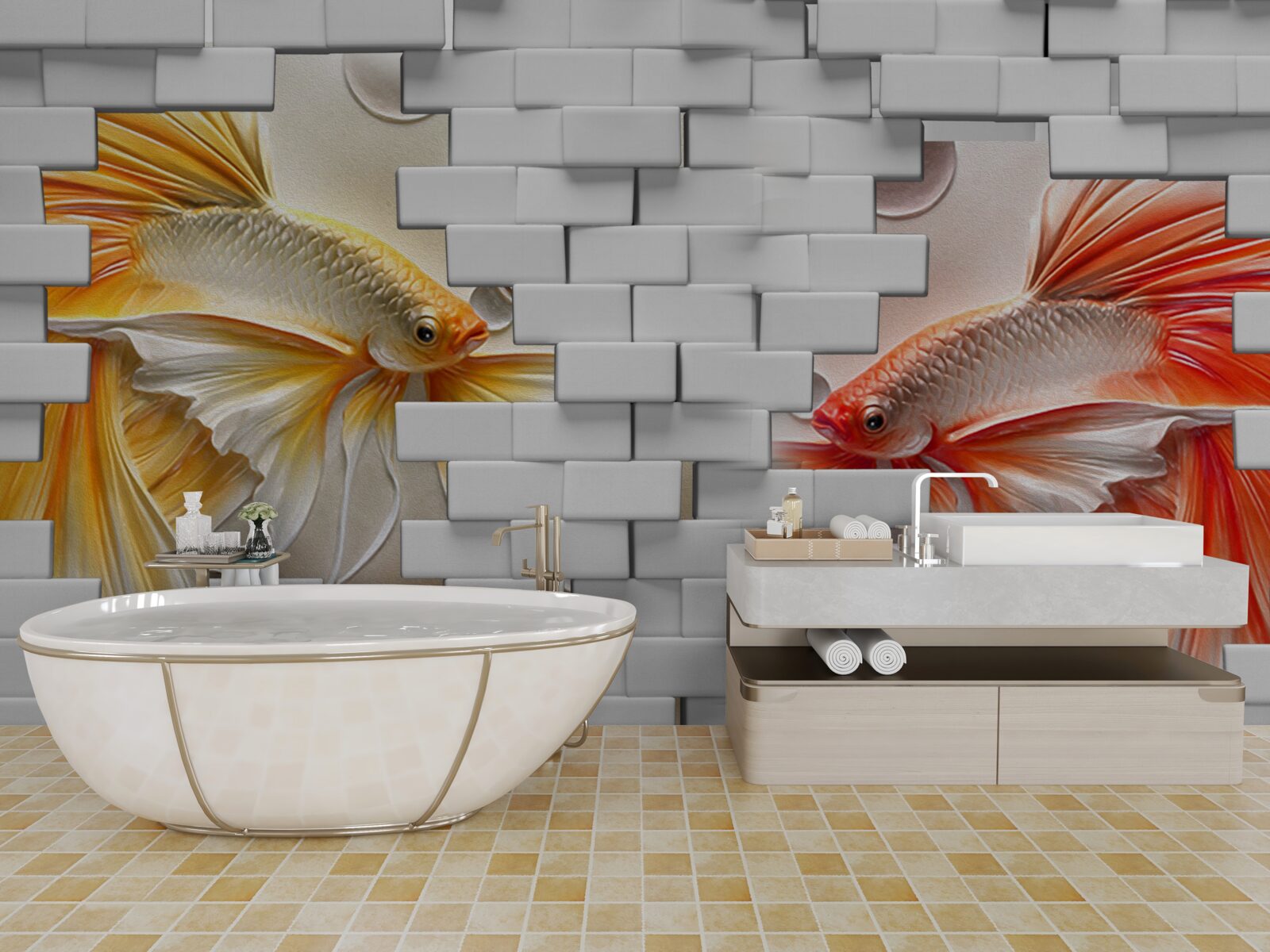 Papier peint des figures rouge et orange détruisent une brique