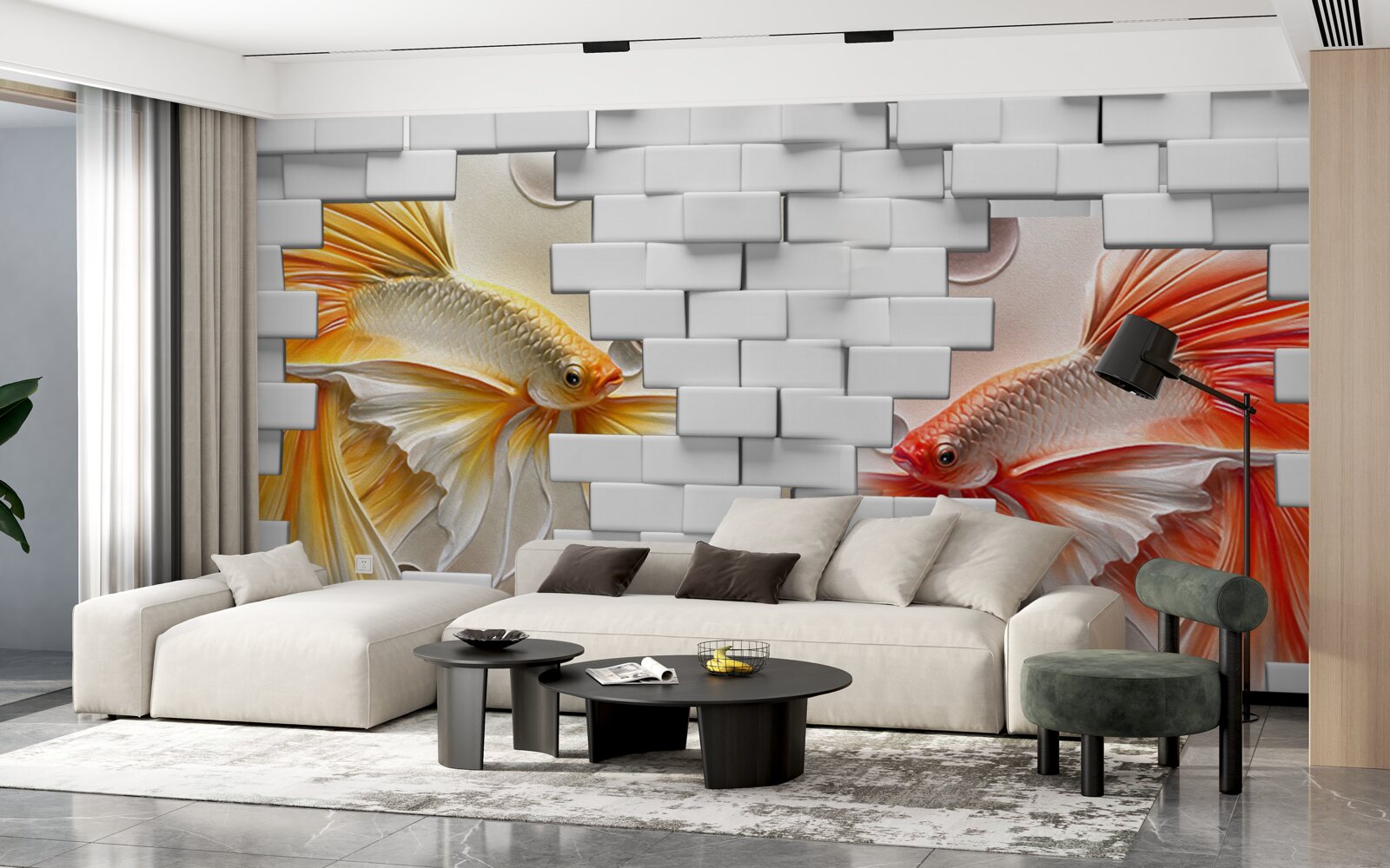 Papier peint des figures rouge et orange détruisent une brique