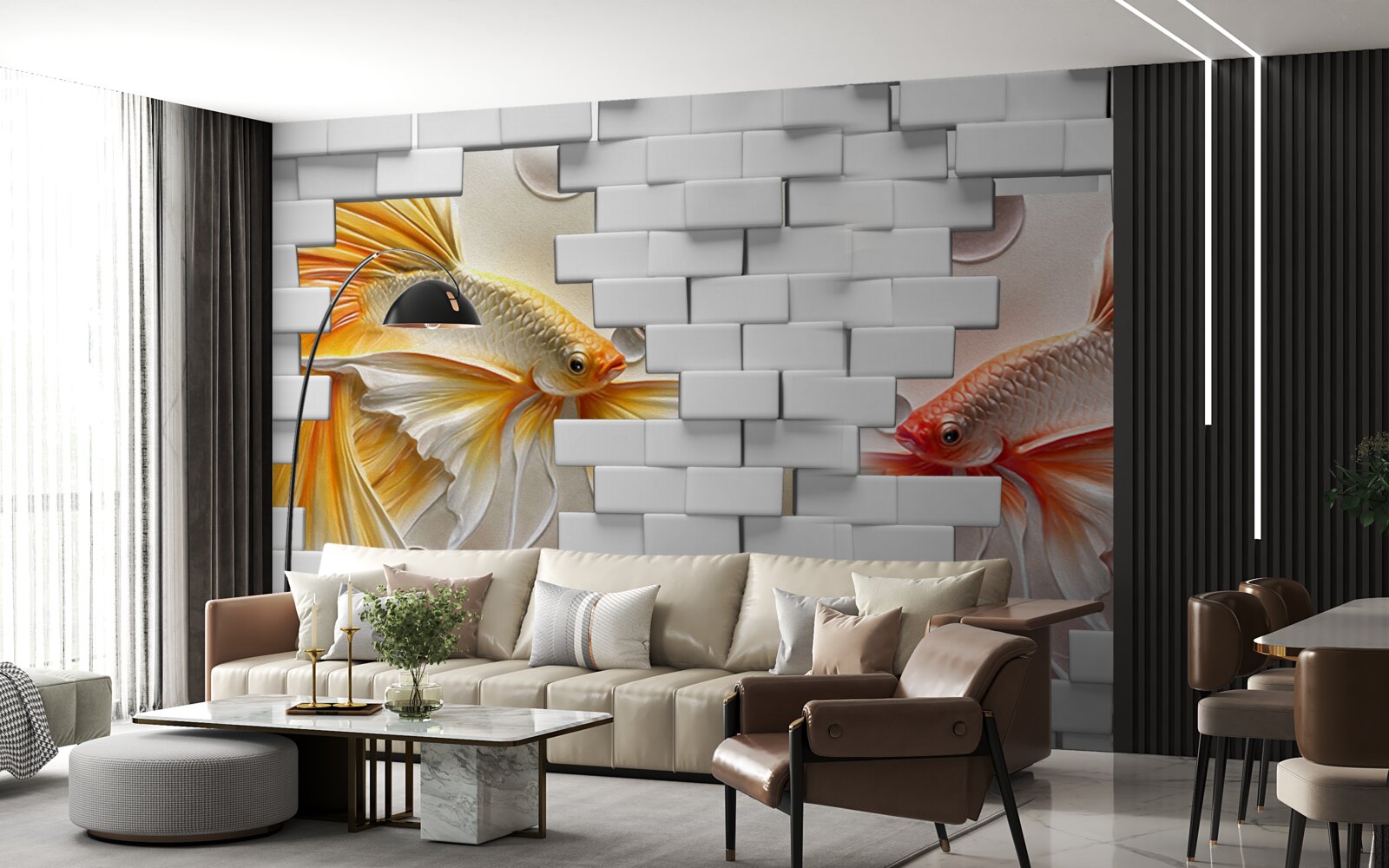 Papier peint des figures rouge et orange détruisent une brique