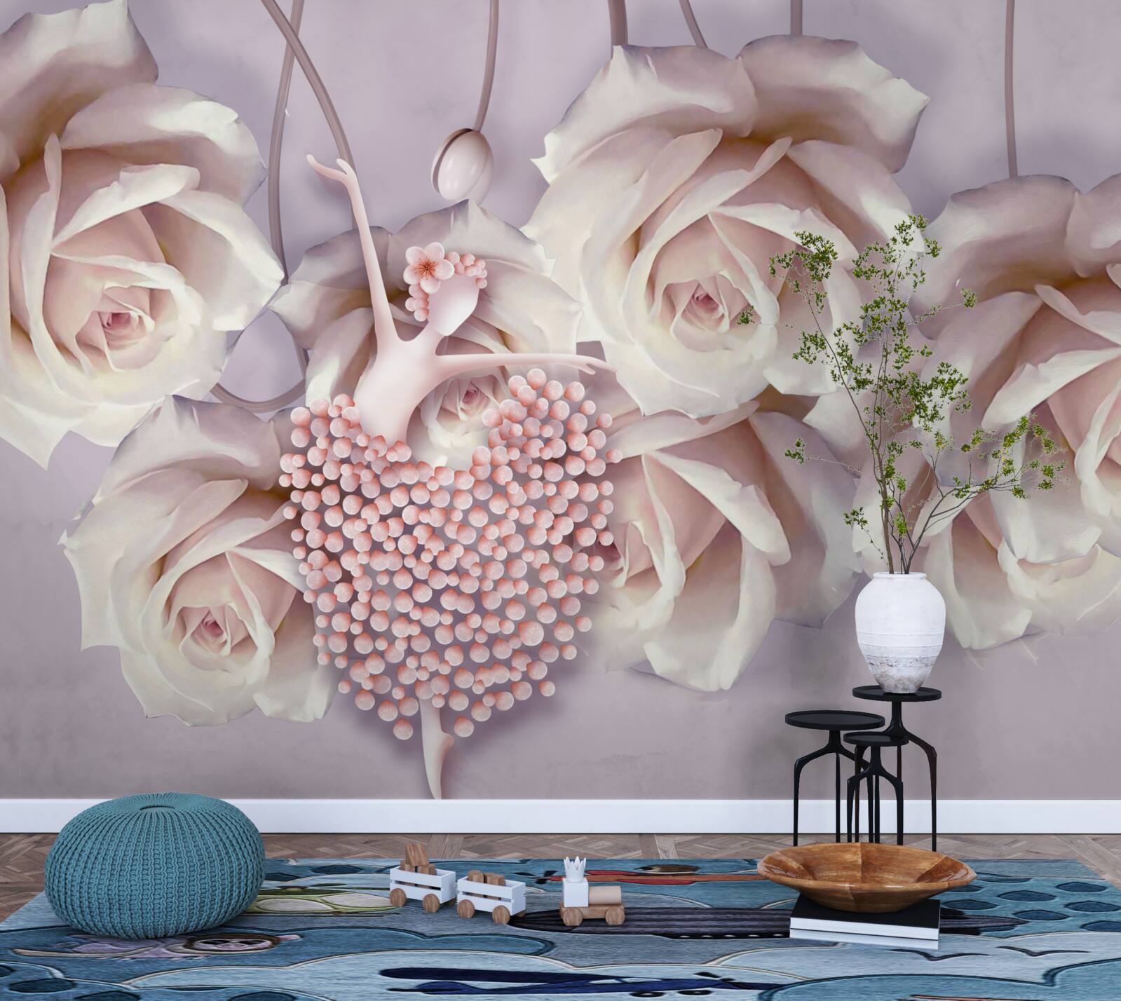 Papier peint décorée d'une rose crème