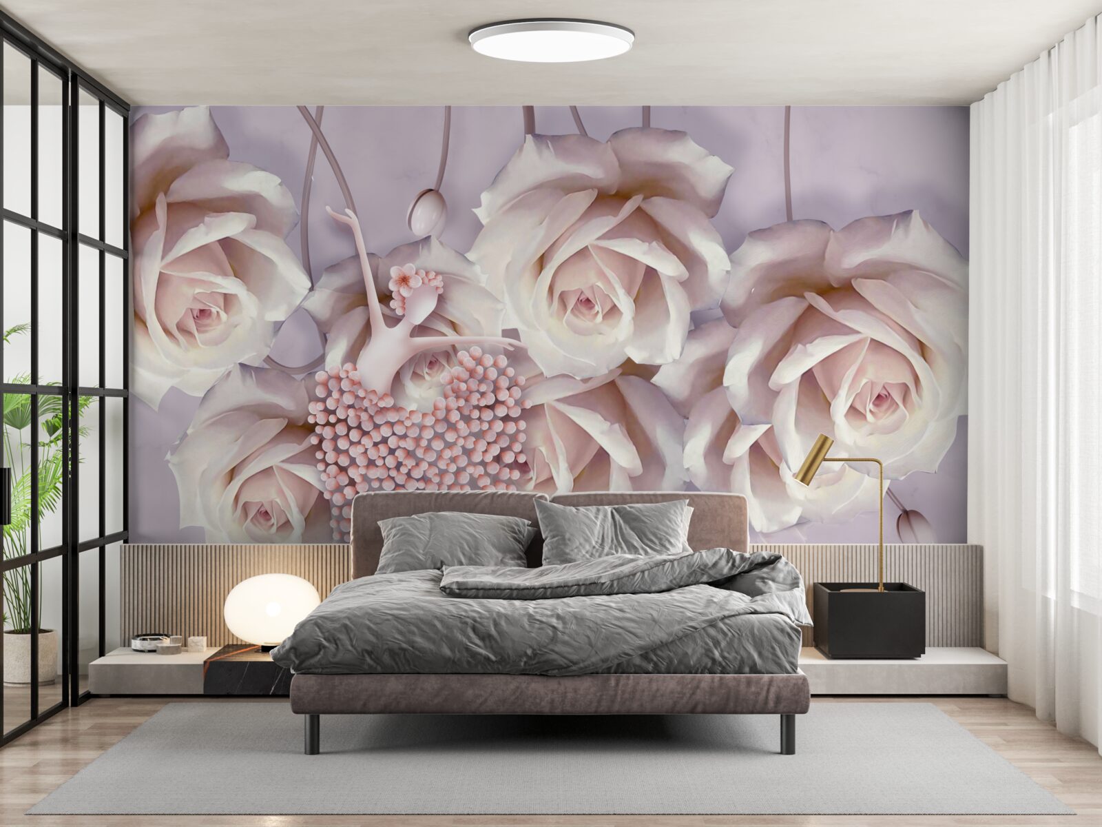 Papier peint décorée d'une rose crème