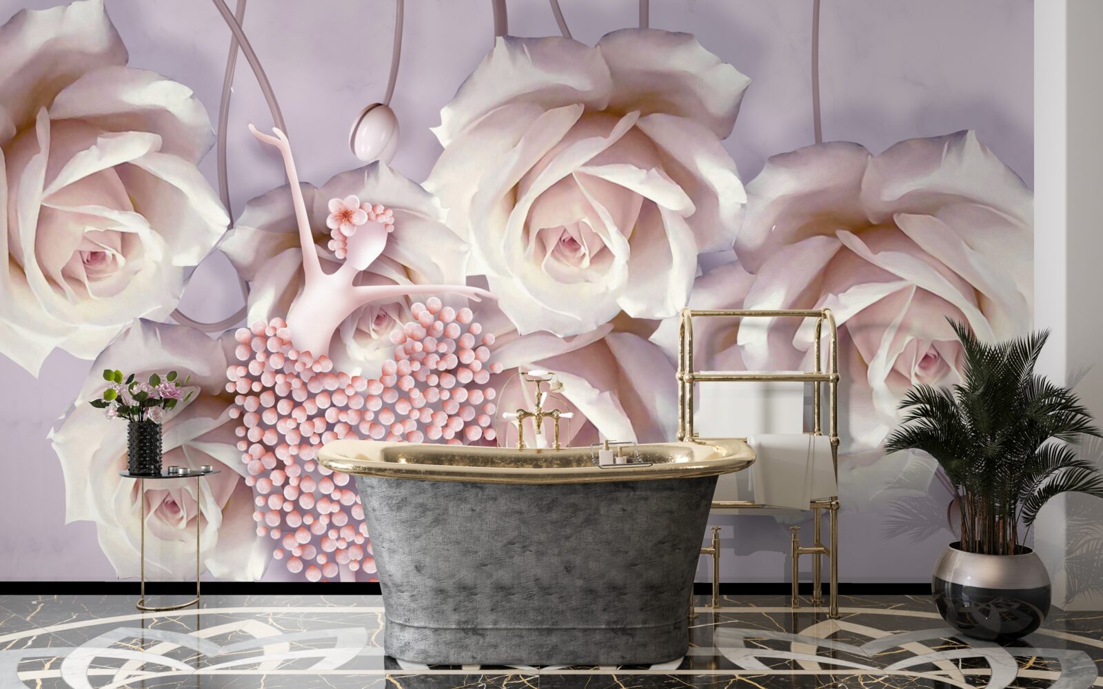 Papier peint décorée d'une rose crème