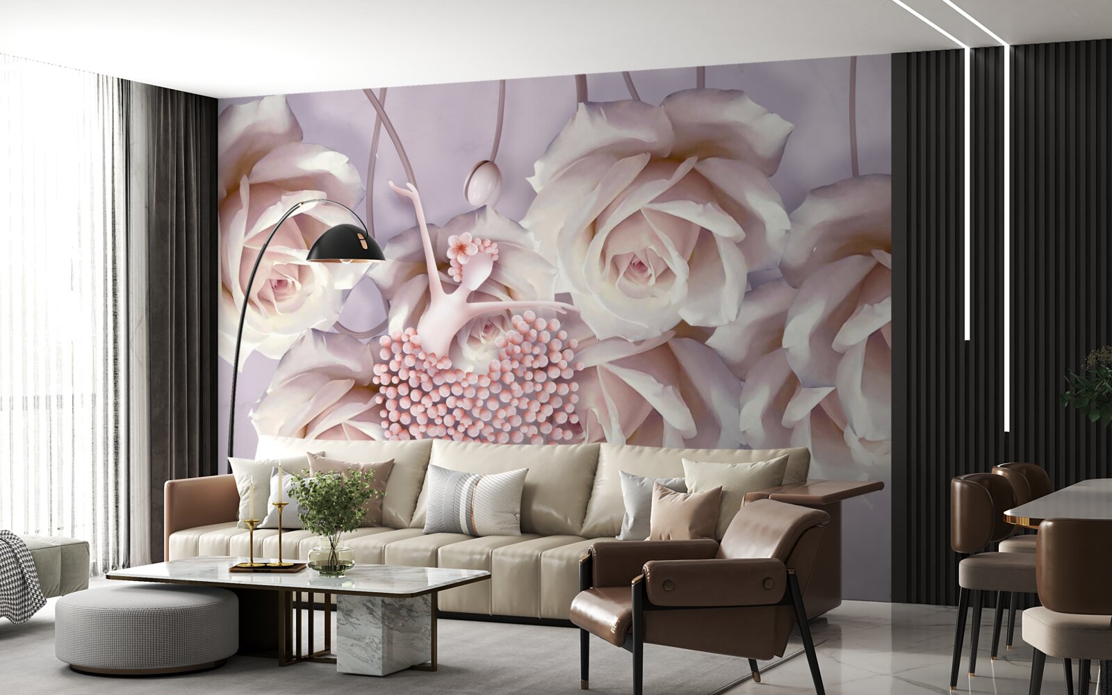 Papier peint décorée d'une rose crème