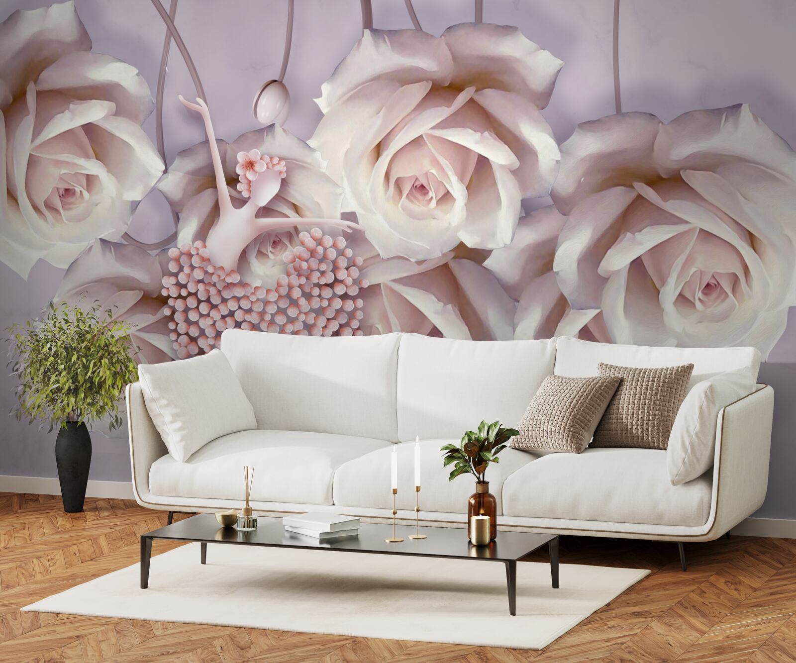 Papier peint décorée d'une rose crème