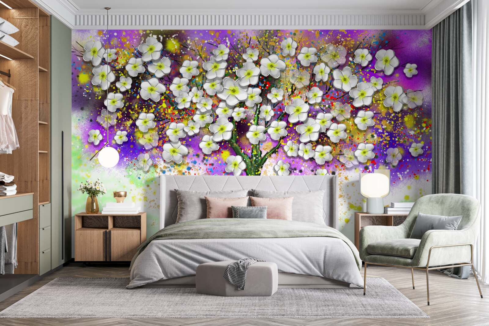 Papier peint arbre aux fleurs blanches comme la neige