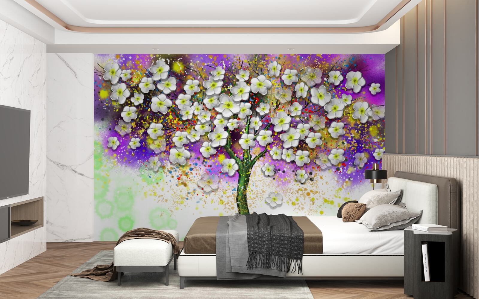 Papier peint arbre aux fleurs blanches comme la neige