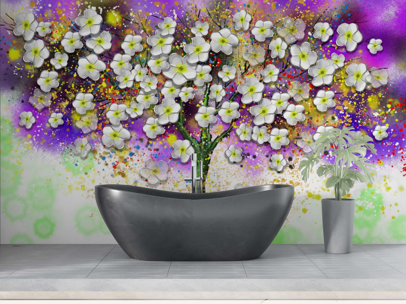 Papier peint arbre aux fleurs blanches comme la neige