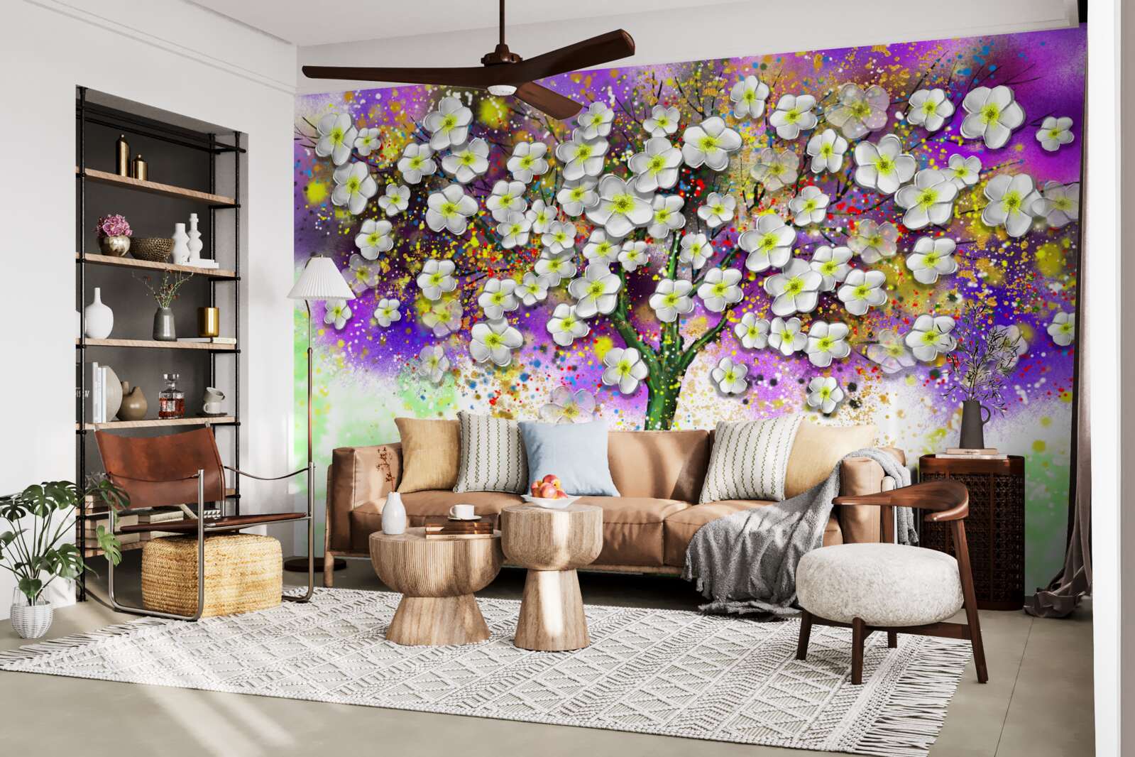 Papier peint arbre aux fleurs blanches comme la neige