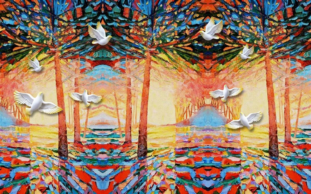 Papier peint Pigeons blancs près de l'étang au coucher du soleil