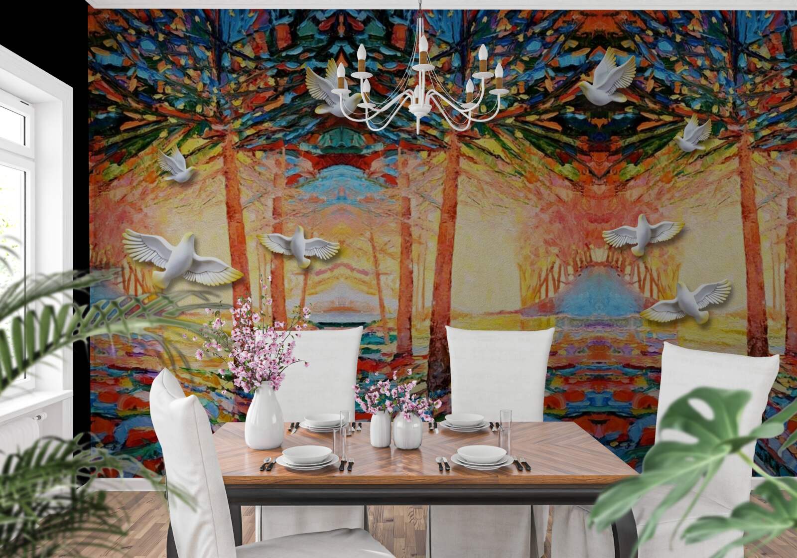 Papier peint Pigeons blancs près de l'étang au coucher du soleil