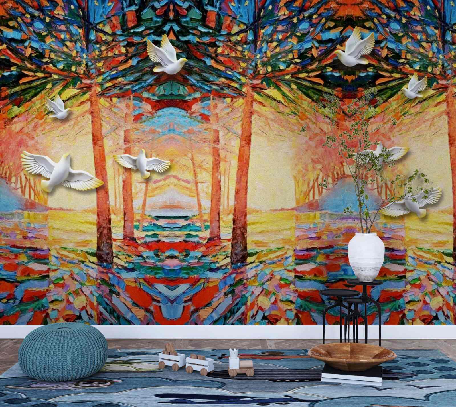 Papier peint Pigeons blancs près de l'étang au coucher du soleil