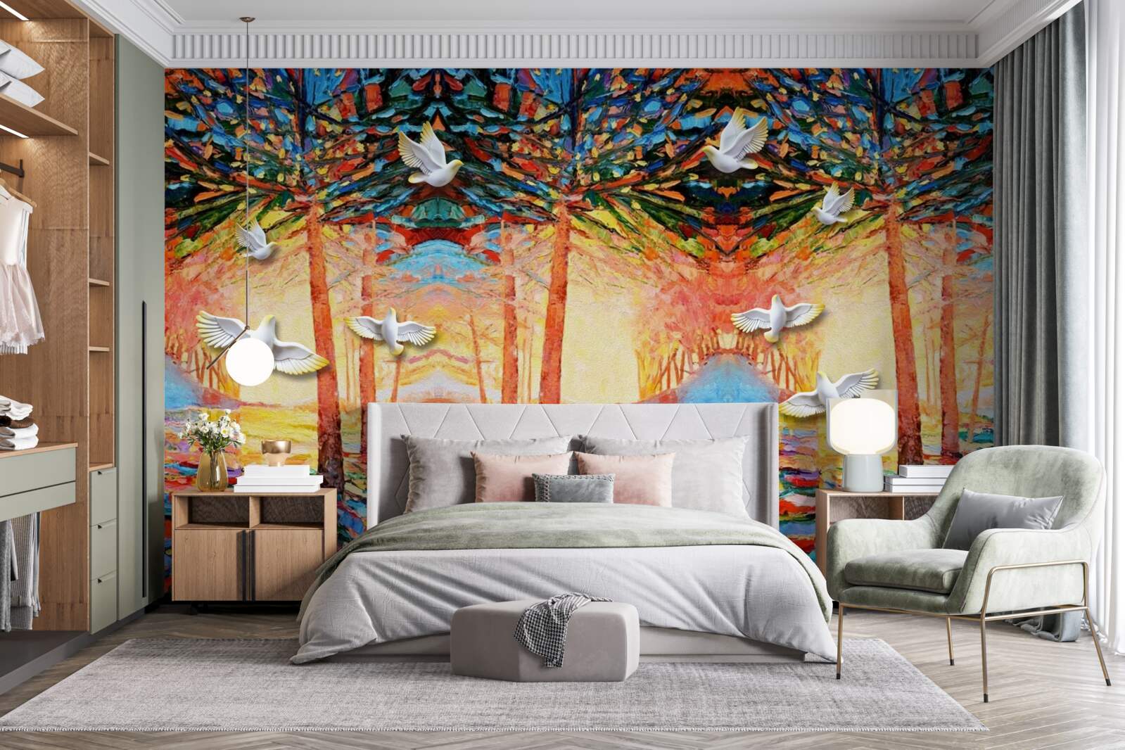 Papier peint Pigeons blancs près de l'étang au coucher du soleil