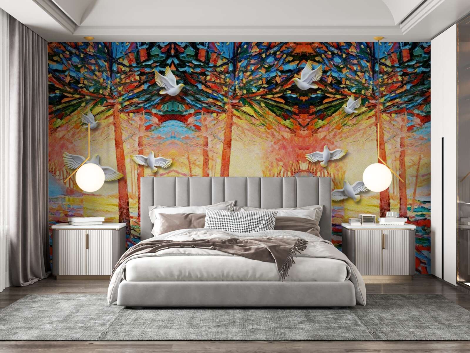 Papier peint Pigeons blancs près de l'étang au coucher du soleil