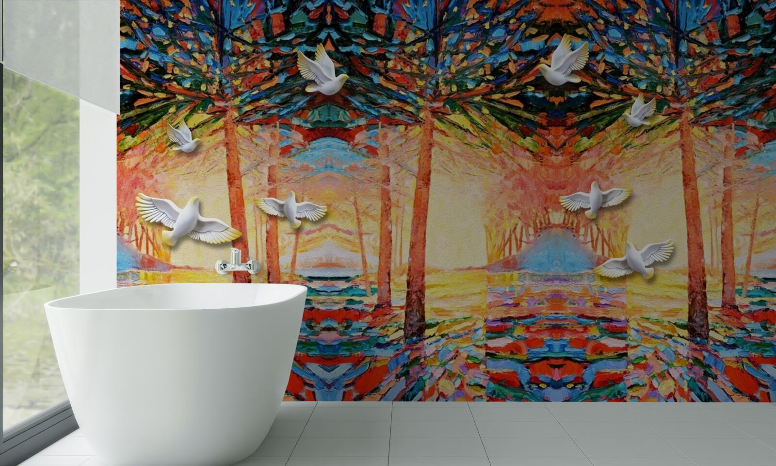 Papier peint Pigeons blancs près de l'étang au coucher du soleil