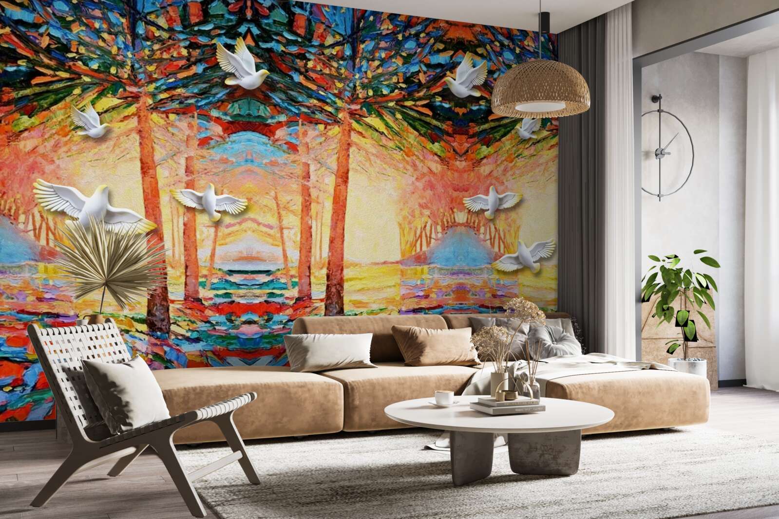 Papier peint Pigeons blancs près de l'étang au coucher du soleil