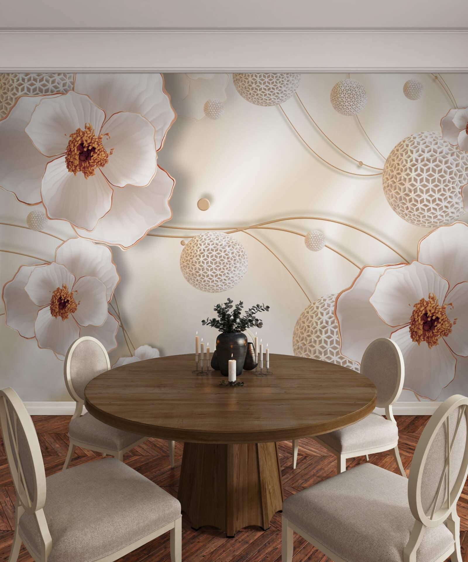 Papier peint branches décorées de fleurs blanches dorées et de cristaux étincelants