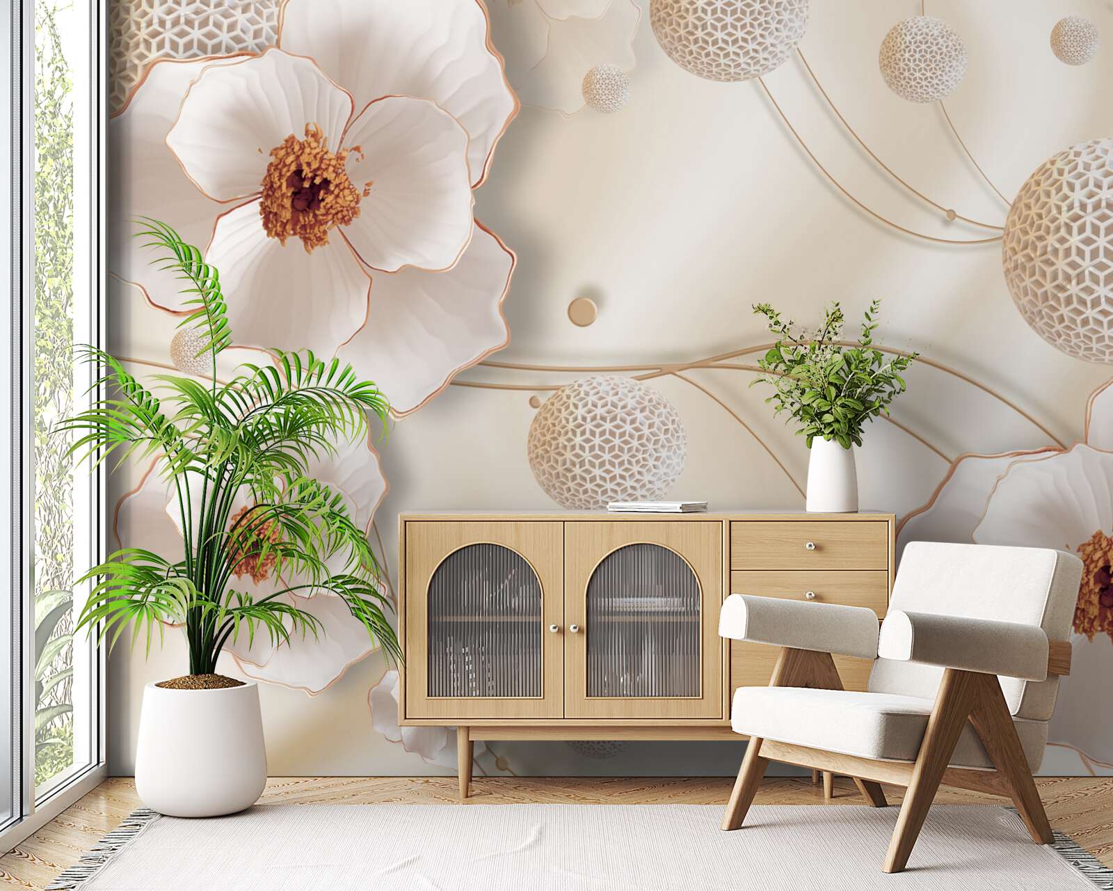 Papier peint branches décorées de fleurs blanches dorées et de cristaux étincelants