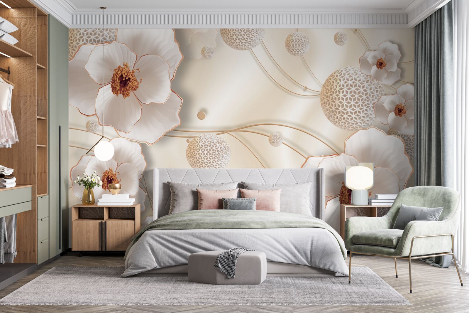 Papier peint branches décorées de fleurs blanches dorées et de cristaux étincelants