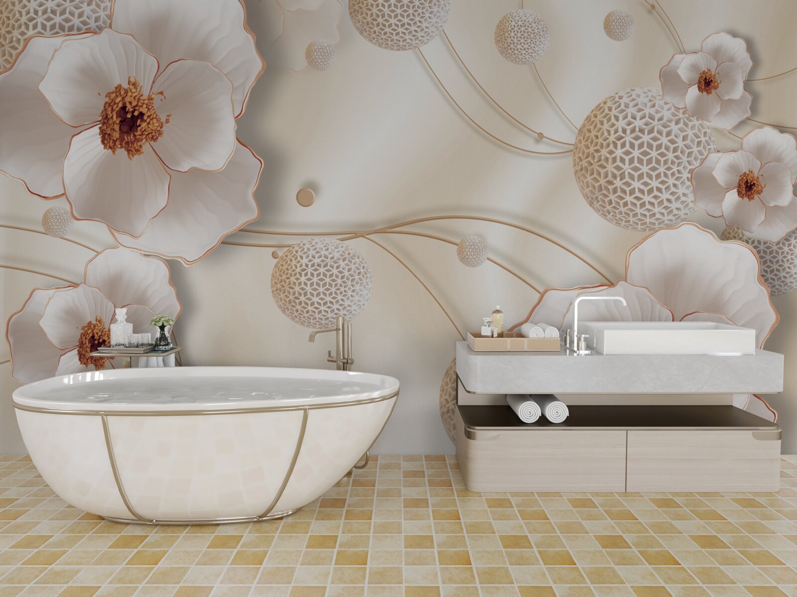 Papier peint branches décorées de fleurs blanches dorées et de cristaux étincelants