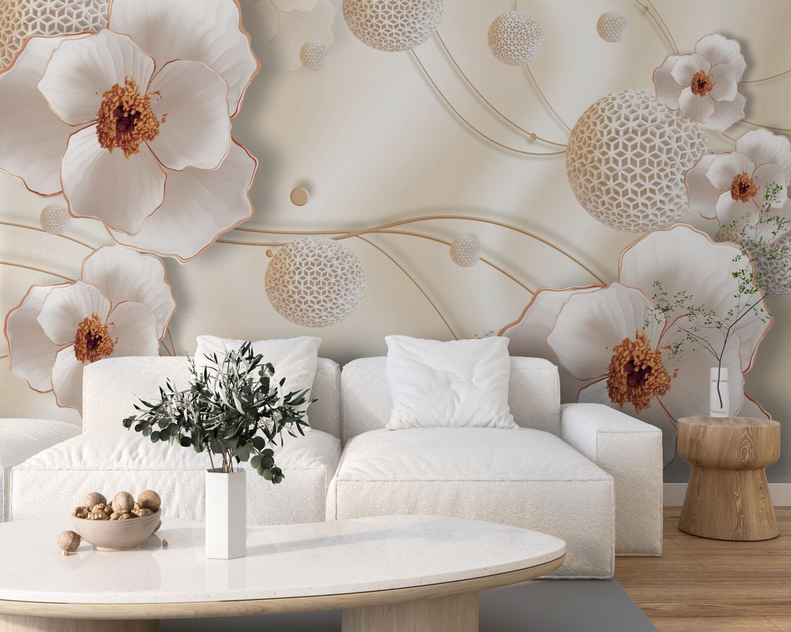 Papier peint branches décorées de fleurs blanches dorées et de cristaux étincelants