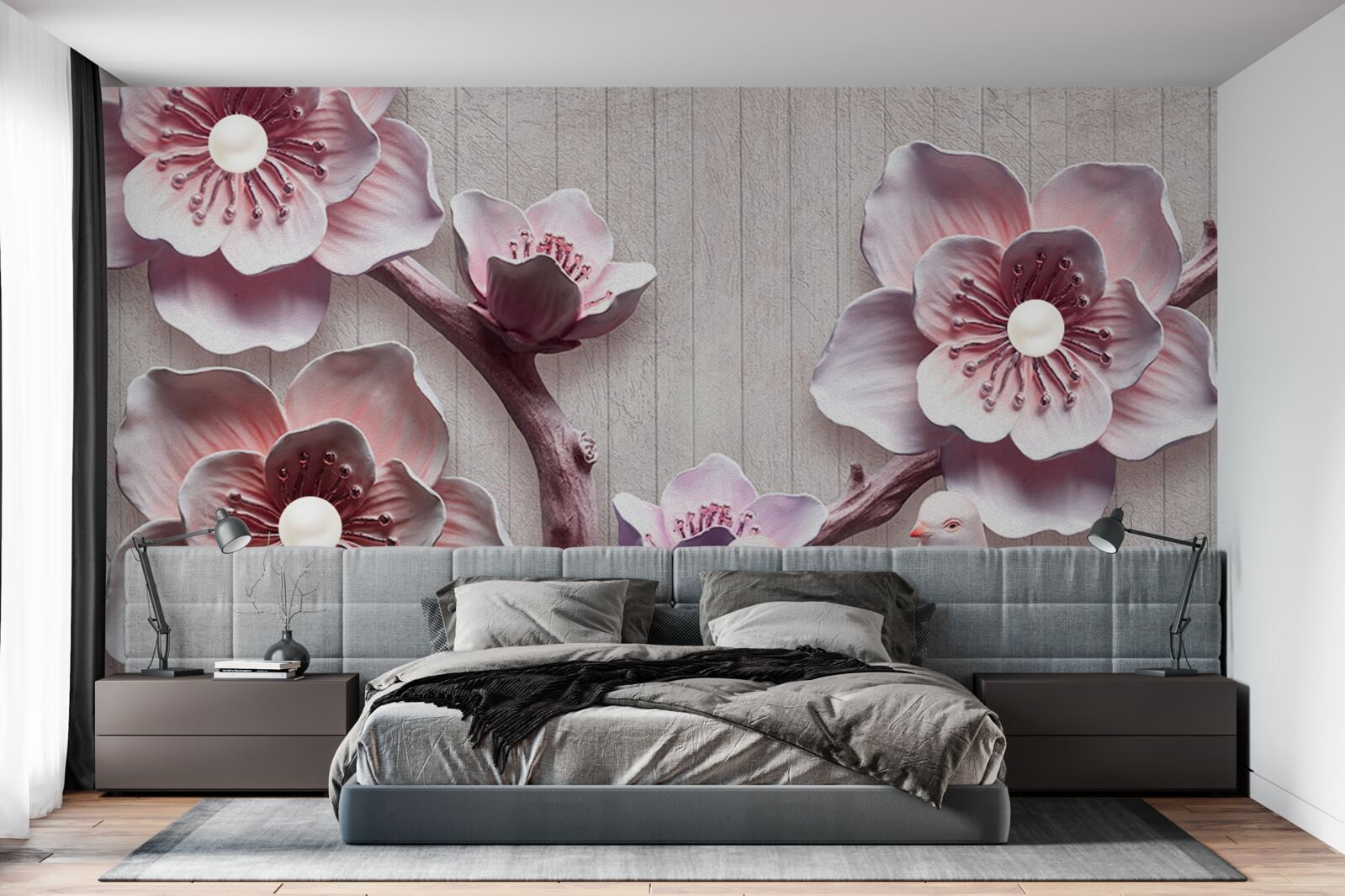 Papier peint bourgeons de cerisier rose tendre