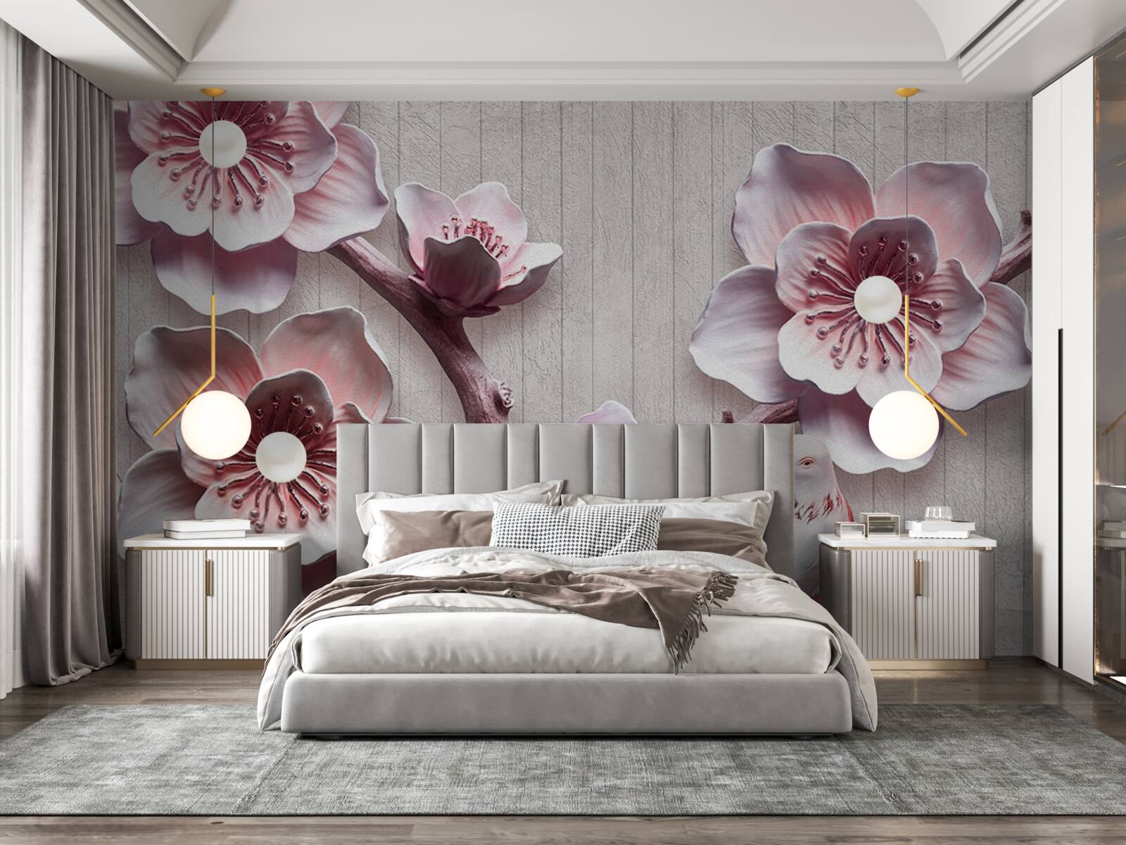 Papier peint bourgeons de cerisier rose tendre