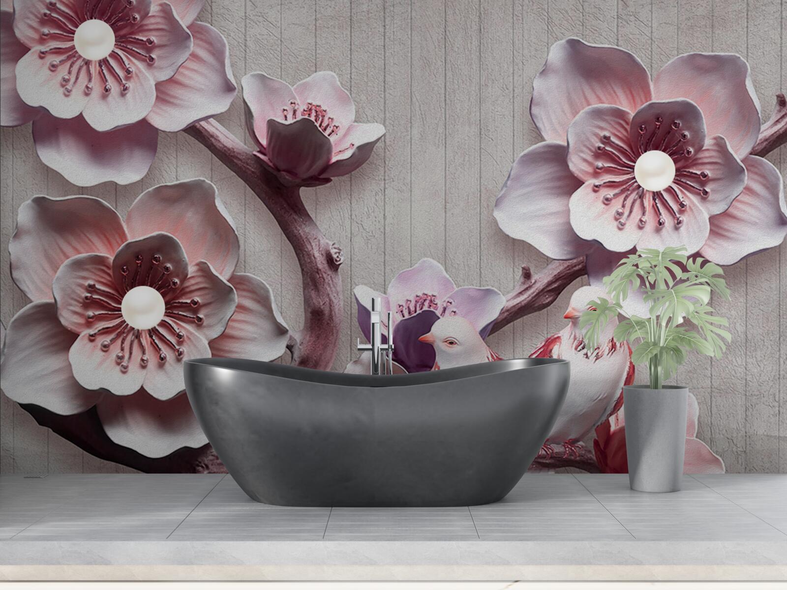 Papier peint bourgeons de cerisier rose tendre