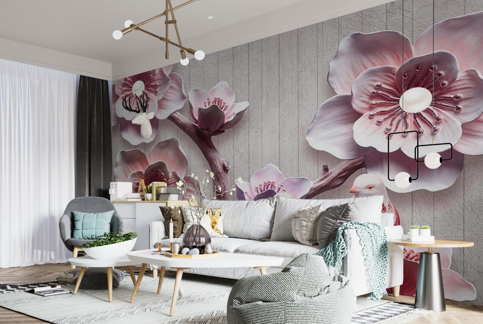 Papier peint bourgeons de cerisier rose tendre