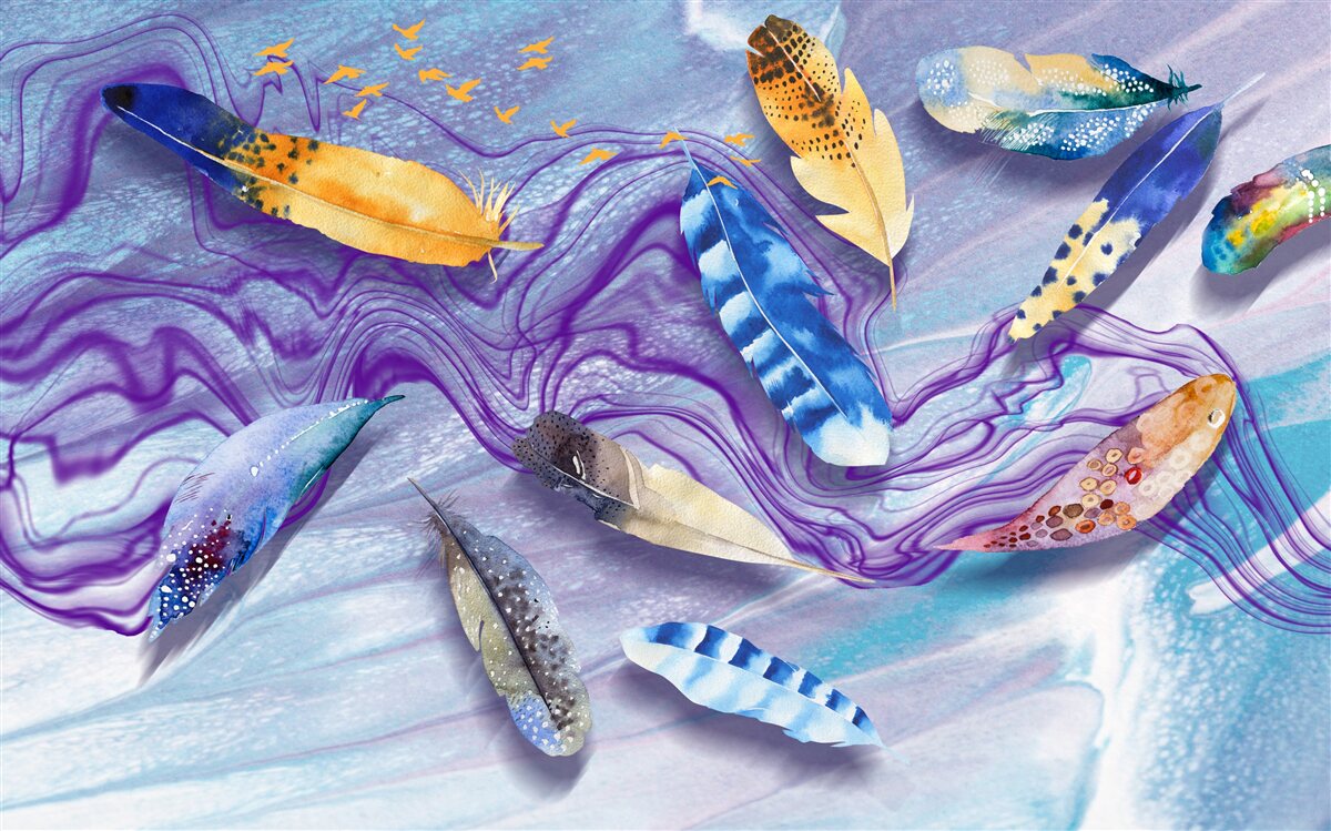 Papier peint les vagues d'encre sont décorées de plumes