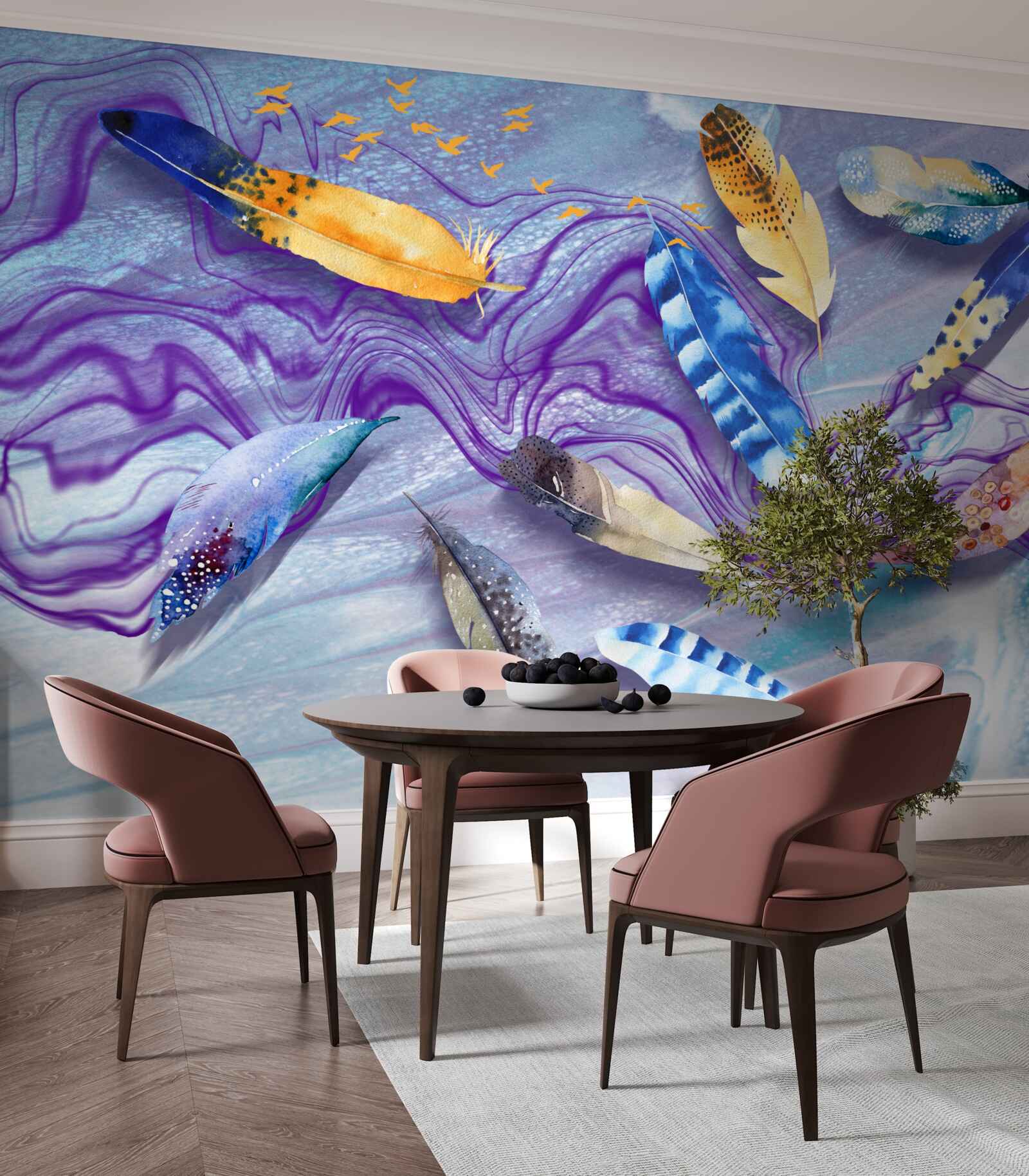 Papier peint les vagues d'encre sont décorées de plumes