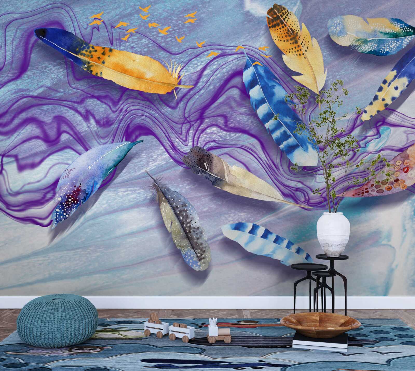 Papier peint les vagues d'encre sont décorées de plumes