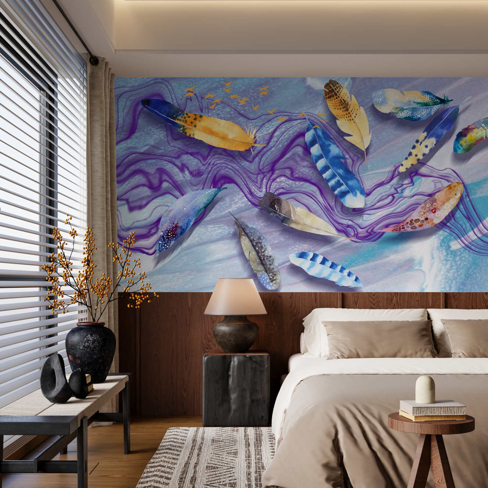 Papier peint les vagues d'encre sont décorées de plumes