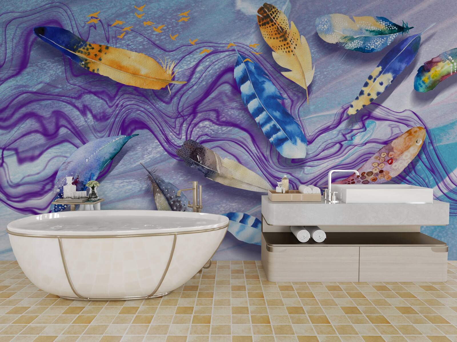 Papier peint les vagues d'encre sont décorées de plumes